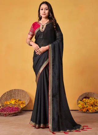 Patch Border, Crystals, Embroidered and Swarovski Work Rangoli Classic Saree In Black