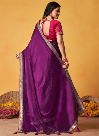 Patch Border, Crystals, Embroidered and Swarovski Work Rangoli Classic Saree In Purple for Ceremonial