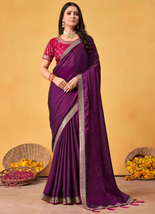 Patch Border, Crystals, Embroidered and Swarovski Work Rangoli Classic Saree In Purple for Ceremonial