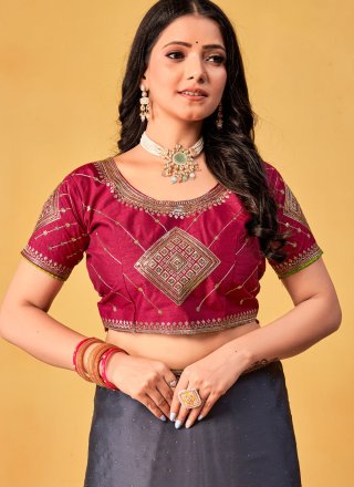Patch Border, Crystals, Embroidered and Swarovski Work Rangoli Designer Sari In Grey for Ceremonial