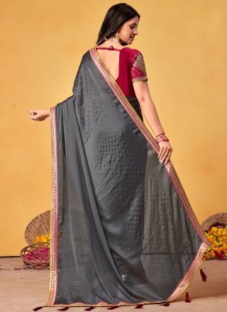 Patch Border, Crystals, Embroidered and Swarovski Work Rangoli Designer Sari In Grey for Ceremonial