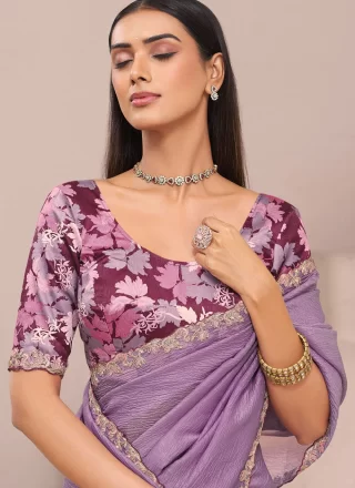 Patch Border, Cut and Embroidered Work Fancy Fabric Classic Saree In Lavender