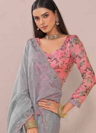 Patch Border, Cut and Embroidered Work Fancy Fabric Trendy Saree In Grey