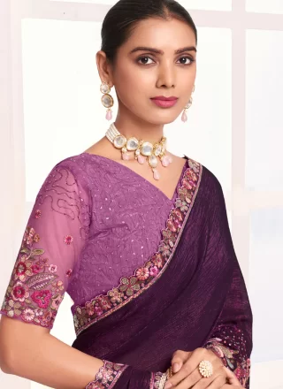 Patch Border, Cut and Embroidered Work Silk Trendy Saree In Purple