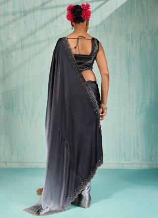 Patch Border, Cut and Swarovski Work Satin Contemporary Sari In Black