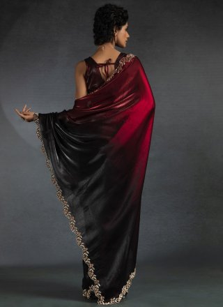 Patch Border, Cut and Swarovski Work Satin Silk Shaded Saree In Maroon and Rani