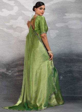 Patch Border, Cut Dana and Zircon Work Burburry Trendy Saree In Green Colour