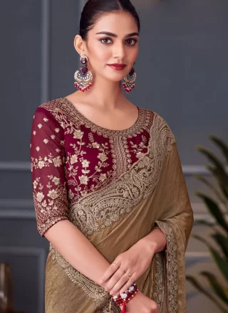 Patch Border, Cut, Embroidered and Zari Work Silk Classic Saree In Brown for Ceremonial