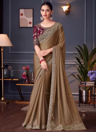 Patch Border, Cut, Embroidered and Zari Work Silk Classic Saree In Brown for Ceremonial