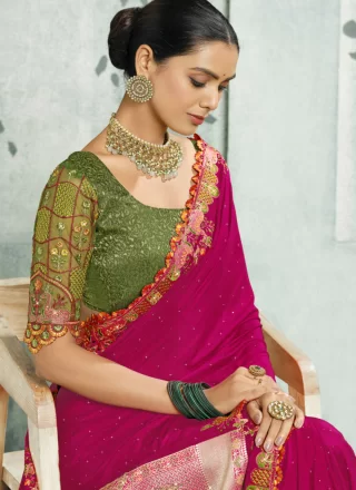 Patch Border, Cut, Embroidered, Fancy, Stone, Weaving and Zari Work Silk Classic Saree In Rani for Ceremonial