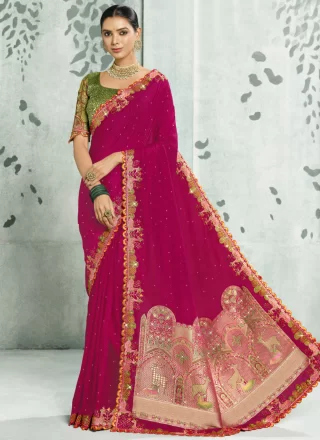 Patch Border, Cut, Embroidered, Fancy, Stone, Weaving and Zari Work Silk Classic Saree In Rani for Ceremonial