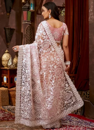 Patch Border, Cut, Embroidered, Sequins and Stone Work Net Contemporary Saree In Pink for Ceremonial
