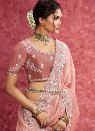 Patch Border, Cut, Embroidered, Sequins and Thread Work Fancy Fabric Contemporary Saree In Peach and Pink for Ceremonial