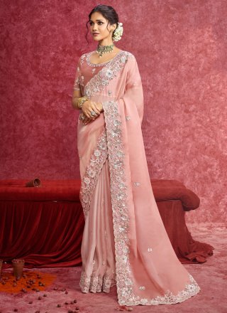 Patch Border, Cut, Embroidered, Sequins and Thread Work Fancy Fabric Contemporary Saree In Peach and Pink for Ceremonial