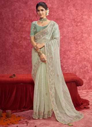 Patch Border, Cut, Embroidered, Sequins and Thread Work Fancy Fabric Traditional Saree In Green