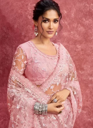 Patch Border, Cut, Embroidered, Sequins and Thread Work Net Classic Saree In Pink for Ceremonial