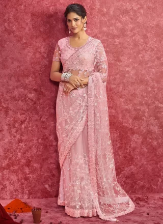 Patch Border, Cut, Embroidered, Sequins and Thread Work Net Classic Saree In Pink for Ceremonial