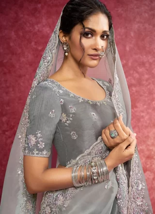 Patch Border, Cut, Embroidered, Sequins and Thread Work Silk Trendy Saree In Grey