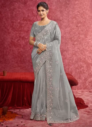 Patch Border, Cut, Embroidered, Sequins and Thread Work Silk Trendy Saree In Grey