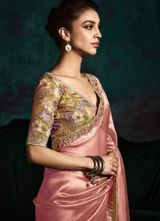 Patch Border, Cut, Embroidered, Sequins and Zari Work Fancy Fabric Traditional Saree In Magenta and Pink