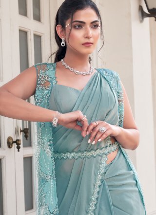 Patch Border, Cut, Sequins and Thread Work Satin Silk Classic Sari In Aqua Blue for Ceremonial