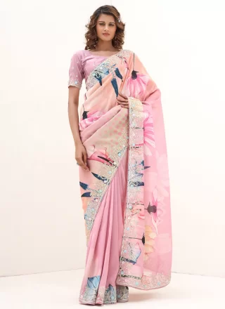 Patch Border, Digital Print and Embroidered Work Tissue Contemporary Sari In Pink Colour