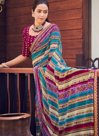 Patch Border, Embroidered and Print Work Weight Less Traditional Saree In Blue
