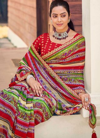 Patch Border, Embroidered and Print Work Weight Less Trendy Saree In Red Color