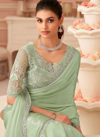 Patch Border, Embroidered and Zari Work Chiffon Classic Saree In Green