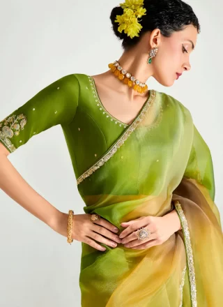Patch Border, Embroidered and Zari Work Organza Designer Sari In Green
