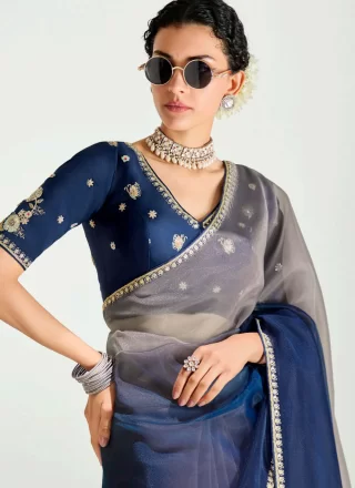 Patch Border, Embroidered and Zari Work Organza Shaded Saree In Blue