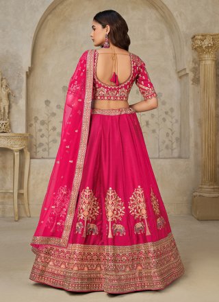 Patch Border, Embroidered and Zari Work Silk A - Line Lehenga Choli In Rani Colour