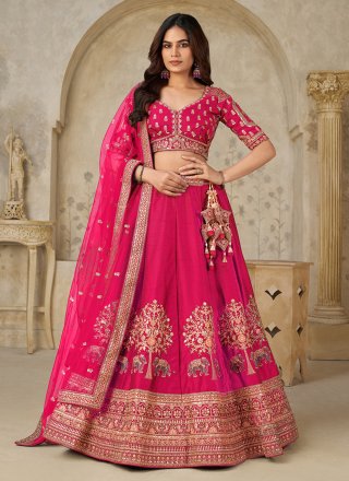 Patch Border, Embroidered and Zari Work Silk A - Line Lehenga Choli In Rani Colour