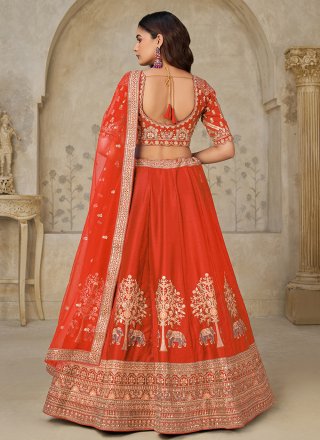 Patch Border, Embroidered and Zari Work Silk A - Line Lehenga Choli In Rust Colour