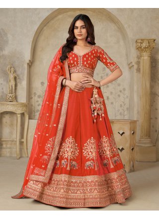 Patch Border, Embroidered and Zari Work Silk A - Line Lehenga Choli In Rust Colour
