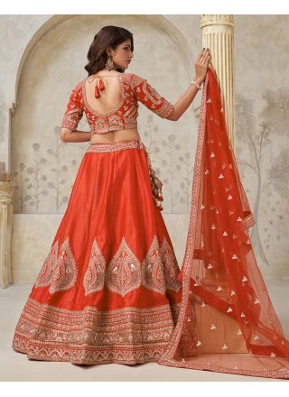Patch Border, Embroidered and Zari Work Silk A - Line Lehenga Choli In Rust Colour