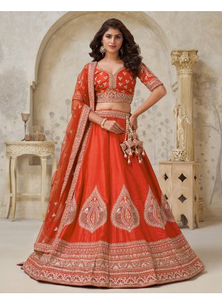 Patch Border, Embroidered and Zari Work Silk A - Line Lehenga Choli In Rust Colour