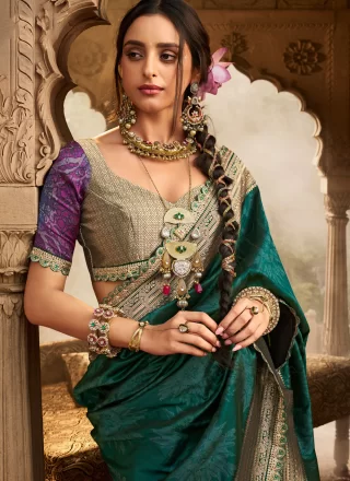 Patch Border, Embroidered, Fancy, Print and Zari Work Banarasi Silk Trendy Saree In Green and Teal for Ceremonial