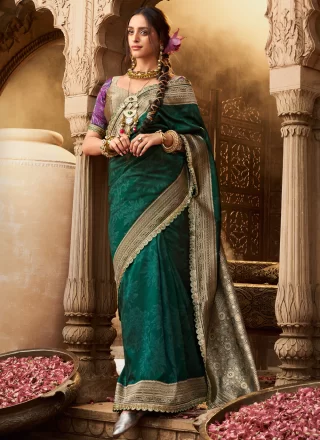Patch Border, Embroidered, Fancy, Print and Zari Work Banarasi Silk Trendy Saree In Green and Teal for Ceremonial