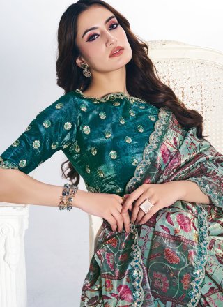 Patch Border, Fancy, Print, Sequins, Stone and Thread Work Silk Trendy Saree In Sea Green for Ceremonial