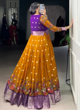 Patch Border, Fancy, Print, Weaving and Zari Work Polly Cotton Gown In Mustard for Ceremonial