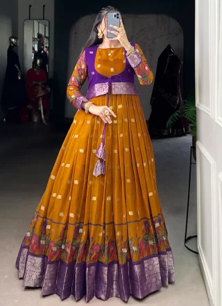 Patch Border, Fancy, Print, Weaving and Zari Work Polly Cotton Gown In Mustard for Ceremonial