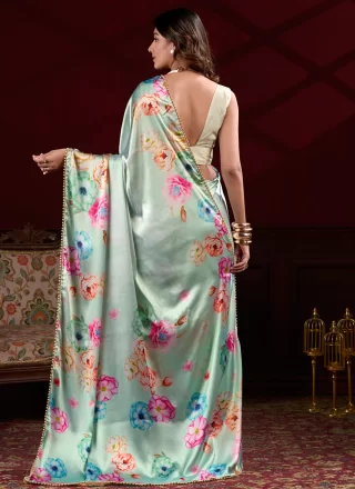 Patch Border, Floral Patch, Lace and Pearls Work Satin Silk Traditional Saree In Sea Green