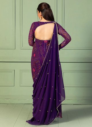 Patch Border, Foil Print, Lace and Pearls Work Georgette  Designer Gown In Purple