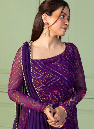 Patch Border, Foil Print, Lace and Pearls Work Georgette  Designer Gown In Purple