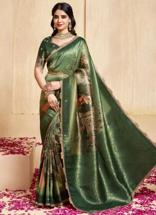 Patch Border, Lace, Multi, Print and Weaving Work Silk Classic Saree In Green