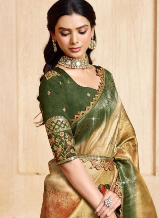 Patch Border, Lace, Multi, Print and Weaving Work Silk Designer Sari In Brown for Engagement