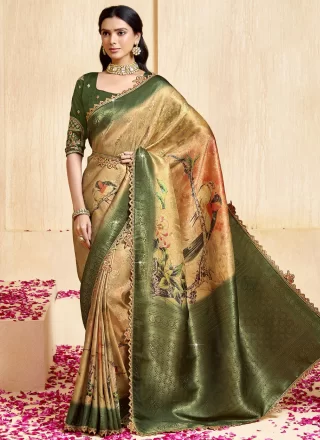 Patch Border, Lace, Multi, Print and Weaving Work Silk Designer Sari In Brown for Engagement
