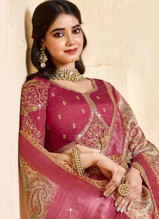 Patch Border, Lace, Multi, Print and Weaving Work Silk Traditional Saree In Rani for Engagement