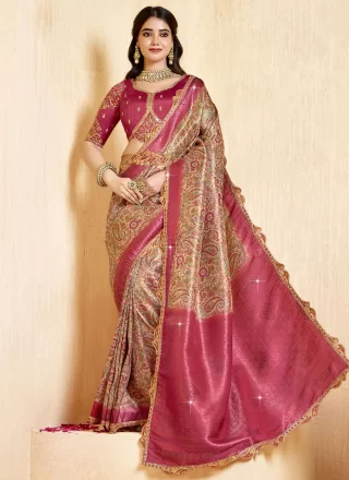 Patch Border, Lace, Multi, Print and Weaving Work Silk Traditional Saree In Rani for Engagement